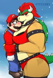 1boy 1girls absurd_res anthro armband band1tnsfw big_nose black_bra black_clothing black_lips black_lipstick black_underwear blue_clothing blue_eyes blue_overalls blush blush_lines bowser bra bracelet brown_facial_hair brown_hair brown_mustache carrying_another carrying_partner clothing collar digital_drawing_(artwork) digital_media_(artwork) duo eyebrows eyelashes facial_hair female female_anthro female_bowser fingerless_gloves furry furry_female gloves hair handwear hat headgear headwear hi_res holding_partner horns human jewelry kissing kissing_nose koopa legband lips lipstick long_eyelashes looking_away makeup male male_anthro mammal mario mario_(series) mohawk moustache muscular muscular_anthro muscular_female nintendo overalls queen_bowser_(awd!) red_clothing red_eyes red_hair red_hat red_headwear reptile rule_63 scalie shell simple_background spiked_armband spiked_bracelet spiked_collar spiked_legband spikes thick_bottom_lip thick_eyebrows thick_lips turtle_shell underwear white_horns yellow_skin