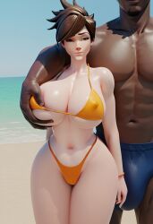 1boy1girl ai_generated beach big_breasts big_bulge bikini curvy dark-skinned_male erection_under_clothes fit grabbing_from_behind gripping huge_breasts huge_bulge interracial narrow_waist overwatch tagme tracer