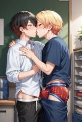 2boys ai_generated classroom erection erection_under_clothes gay kissing project_sekai tenma_tsukasa