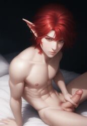 1boy abs ai_generated balls bangs bed belly_button brown_eyes collarbone earrings elf elf_ears elf_male epic_fantasy_whore erection male_nipples male_only masturbation muscular muscular_male nai_diffusion naked navel on_bed original_character pecs penis penis_grab pointy_ears pretty_boy pubic_hair red_hair shoulder_length_hair sidelocks solo solo_male