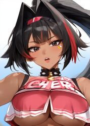 ai_generated bare_shoulders bay_(nikke) big_breasts black_hair blush cheerleader choker gigantic_breasts goddess_of_victory:_nikke highres hollowbeak huge_breasts long_hair ponytail sweat tagme tan tan_body underboob