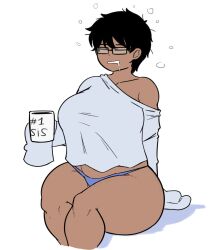 black_hair bottomless coffee dark-skinned_female dark_skin female glasses naufranzz nia_(naufranzz) original short_hair sleepy solo thick_thighs