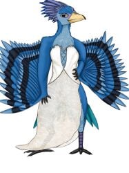 ambiguous_gender animal_genitalia anthro avian barely_visible_genitalia beak cloaca clothing digitigrade dress feet genitals hands_on_hips hi_res krakotl_(the_nature_of_predators) looking_at_viewer nohklu purple_body purple_skin rendrago0240 semi-anthro solo tagme talons the_nature_of_predators toes wedding_dress yellow_eyes