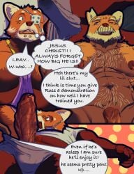 abs absurd_res admiring_penis ailurid avalath_tiger bed big_nipples body_hair brother_(lore) brothers_(lore) chest_hair clothing comic english_text erection erection_under_clothing eye_patch eyewear facial_hair facial_piercing father_(lore) father_and_child_(lore) father_and_son_(lore) foreskin furniture genitals head_on_belly hi_res lip_piercing looking_at_genitalia looking_at_penis lying lying_on_bed mammal moustache nipples notched_ear on_bed parent_(lore) parent_and_child_(lore) parent_and_son_(lore) pecs penis piercing red_panda revealing_penis sibling_(lore) size_difference sleeping snakebite_piercing son_(lore) speech_bubble surprised text undressing_another