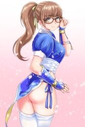 1girls ass breasts brown_eyes brown_hair dead_or_alive female female_only glasses going_commando kasumi_(doa) kunoichi long_hair ninja ninja_gaiden no_panties ponytail sideboob thighhighs white_thighhighs