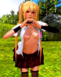 1girls 3d blonde_hair breasts dead_or_alive female female_only honey_select marie_rose open_shirt skirt solo solo_female twintails xiaochan99
