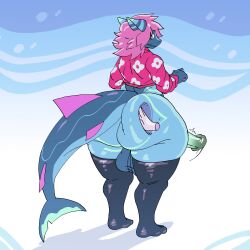 1:1 2026 animal_genitalia animal_penis anthro aquatic ass balls big_balls big_butt big_penis big_tail blue_body blue_penis butt_grab butt_slap clothing digital_media_(artwork) dragon equine_genitalia equine_penis erection fish genitals green_eyes hair hand_on_butt hi_res huge_butt hybrid latex latex_clothing latex_legwear legwear looking_at_viewer male multicolored_body mythological_creature mythological_scalie mythology nude penis pink_clothing pink_hair scalie shark shy slap slip_(sky) solo spicyniko_artist squeezing tail thick_tail thick_thighs