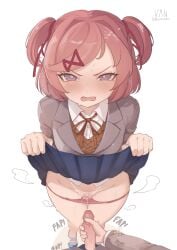 1boy 1girls 2d bare_legs blue_skirt blush blushing brown_sweater clothes_lift collared_shirt commentary cum cum_in_panties disgust disgusted disgusted_expression disgusted_face doki_doki_literature_club embarrassed female frown grey_shirt hair_ribbon highres humiliated humiliation jacking_off lifting_own_clothes long_sleeves looking_at_another male_masturbation masturbation medium_hair natsuki_(doki_doki_literature_club) no_socks oerba_yun_fang open_mouth panties panties_down penis pink_eyes pink_hair pink_panties pleated_skirt pov purple_eyes red_ribbon ribbon shirt shoes short_twintails skirt skirt_lift skirt_up solo_focus standing sweater sweater_vest thighs twintails uncensored underwear underwear_down vaniste white_background white_shirt wide_hips