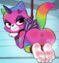 1girl ai_generated angry angry_expression anus cross-popping_vein foot_fetish foot_focus looking_back looking_back_at_viewer nickelodeon nicktoons purple_eyeshadow pussy pussy_juice_drip rainbow_butterfly_unicorn_kitty rbuk red_eyes restrained restrained_arms restrained_legs rope_bondage solo steamy_feet sweaty_feet teeth_clenched yticilef_(rainbow_butterfly_unicorn_kitty)