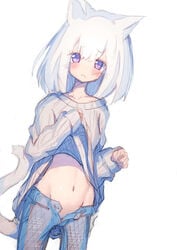 absurdres animal_ears blush cat_ears cat_tail denim female female fukutchi groin highres jeans navel no_panties original pants pants_pull pussy pussy_peek simple_background sleeves_past_wrists solo sweater tail white_background white_hair