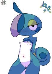 2025 absurd_res anthro black_eyes blue_body blue_spots blue_tail breasts digital_media_(artwork) drizzile eyelashes female female_anthro generation_8_pokemon genitals green_body green_eyelids grey_nipples half-closed_eyes hands_behind_back hi_res lidded_eyes looking_at_viewer multicolored_body narrowed_eyes navel nintendo nipples nude nude_anthro nude_female pokemon pokemon_(species) safersophieroth simple_background small_breasts solo spots tail vulva watermark white_body