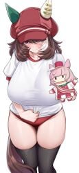 big_breasts brown_hair brown_tail hat horse_ears horse_girl horse_tail huge_breasts marche_lorraine_(umamusume) puppet red_eyes red_hat sfw shy smile thick thick_legs thick_thighs umamusume umamusume_pretty_derby white_shirt