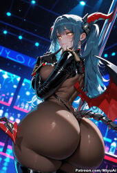 1girl ai_assisted ai_generated ass azur_lane bangs blue_hair blush bodysuit breasts curvaceous curvy curvy_female curvy_figure demon_tail female finger_to_mouth gloves huge_ass large_breasts long_hair looking_at_viewer looking_back miyuai regensburg_(azur_lane) skin_tight smile solo stripper succubus tail thick thick_ass thick_butt thick_hips thick_legs thick_thighs thighhighs thighs twintails voluptuous voluptuous_female wide_hips wide_thighs wings yellow_eyes