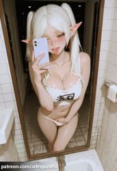 ai_generated arlequin097 bangs bare_shoulders bathroom blush breasts cellphone cleavage collarbone crop_top earrings elf female female_masturbation female_pubic_hair freckles frieren frieren_beyond_journey's_end green_eyes half-closed_eyes hand_in_panties holding holding_phone indoors jewelry large_breasts long_hair masturbation mirror naughty_face navel open_mouth panties parted_bangs patreon_username phone pointy_ears pubic_hair reflection saliva selfie shiny_skin sink smartphone solo standing standing_masturbation tiles tongue tongue_out towel twintails underwear white_hair white_panties