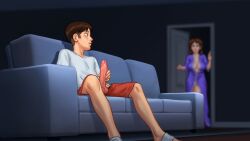 darkcookie summertime_saga 2d_(artwork) digital_drawing_(artwork) digital_media_(artwork) 1boy 1girls 1boy1girl debbie_(summertime_saga) main_character_(summertime_saga) light_skin light-skinned_female light-skinned_male masturbation masturbating jerking jerkingoff stroking stroking_penis stroking_cock penis penis_out erection erect_penis balls clothing clothed milf background_character robe caught caught_in_the_act caught_masturbating brown_hair cleavage couch on_couch