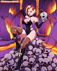 background big_breasts blonde_hair boots breasts female hell horns long_nails looking_at_viewer oc original original_character patreon purple_hair purple_lipstick red_eyes reit short_hair skull smile smirk thighhighs torn_pantyhose