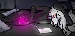 anthro automatic_edging blush bodily_fluids borzoi canid canine canis chastity_device closed_eyes clothing collar domestic_dog edging electronics fennecoflight fur hair hi_res hunting_dog infinity_symbol latex latex_clothing latex_skinsuit lock_bulge long_hair lying male mammal moan null_bulge null_stimulation on_side open_mouth orgasm_denial overstimulation permanent_chastity_device phone phone_call phone_screen pillow rubbing sex_toy sighthound skinsuit solo sweat symbol tight_clothing vibrating_bulge vibrator white_body white_fur