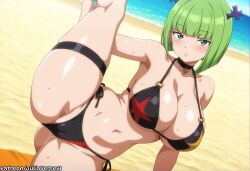 ai_generated beach bikini black_bikini black_choker blunt_bangs blush brandish_mew breasts choker cleavage collarbone cross fairy_tail female green_eyes green_hair juliaverseai large_breasts leg_up looking_at_viewer meitabuu navel ocean outdoors pussy_juice sand shore short_hair side-tie_bikini_bottom solo split sweat swimsuit thigh_strap