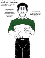 1boy ambiguous_pov asylum attempted_treatment attempting_treatment black_and_white black_hair bulky clinic digital_drawing_(artwork) digital_media_(artwork) dumb english english_text eyes_covered fake_degree faking_experience glasses happy_trail innocent innocent_expression insane insane_asylum male male_focus male_only mental_health mental_ward midriff midriff_exposed moobs moustache mr_shrink neat_hair nipples no_experience original original_character pince-nez pov pov_eye_contact professional professional_clothes psychiatrist showing_off showing_off_belly showing_off_midriff simple_coloring sleeves_rolled_up slightly_chubby smiling smiling_at_viewer solo solo_focus solo_male styled_hair sweater sweater_lift treatment unaware unlicensed