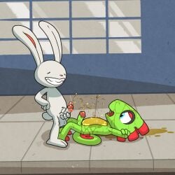 argon_vile balls bodily_fluids chameleon erection feet genital_fluids genitals glans hi_res lagomorph leporid lizard long_ears male male/male mammal max_(sam_and_max) outside peeing_on_partner peeing_on_stomach penis pink_glans playtonic_games rabbit reptile sam_and_max scalie shaking_penis sharp_teeth sidewalk tail teeth urine urine_on_belly urine_on_face urine_on_ground urine_on_stomach watersports white_body yooka yooka-laylee