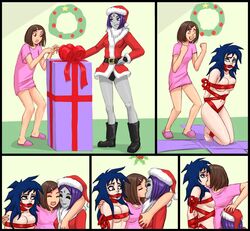 3girls crossover dc dc_comics extreme_ghostbusters female female_only flick ghostbusters gift_box goth_girl kylie_griffin mistletoe multiple_girls rachel_roth raven_(dc) ribbons santa_hat smooth_skin teen_titans yuri