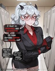 1girls ai_assisted ai_generated blush blush_lines curvy dialogue eyewear helltaker helltaker_(character) medium_breasts pandemonica_(helltaker) solo text text_box text_bubble voluptuous voluptuous_female