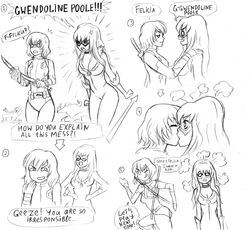 2girls angry black_cat_(marvel) blush drool english_text felicia_hardy female flick gwen_poole gwenpool gwenpool_(series) kissing marvel marvel_comics monochrome sketch spider-man_(series) text yuri