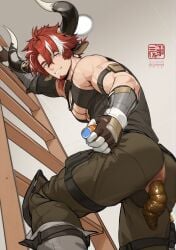 1boy ai-generated animal_ears anus arknights ass bara beard climbing cow_boy cow_ears cow_horns facial_hair feet_out_of_frame from_below gloves goatee horns humus_(arknights) ladder large_pectorals looking_at_viewer male_focus mature_male mechanic multicolored_hair muscular muscular_male no_male_underwear pectoral_cleavage pectorals red_hair scat seductive_smile shit shitting short_hair sidepec smile solo streaked_hair stubble thick_eyebrows thighs torn_pants turd turd_hanging_out white_hair