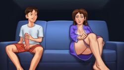 1boy 1boy1girl 1girls 2d_(artwork) balls big_breasts breasts brown_hair clothed clothing couch darkcookie debbie_(summertime_saga) digital_drawing_(artwork) digital_media_(artwork) erect_penis erection jerking jerkingoff light-skinned_female light_skin looking_at_another looking_pleasured main_character_(summertime_saga) masturbating masturbation milf on_couch panties panties_down penis penis_out pleasure_face robe stroking stroking_cock stroking_penis summertime_saga thick_thighs undressing