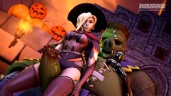 3d alternate_costume animated blonde_hair female green_skin huge_penis junkenstein's_monster kushishekku male mercy no_sound overwatch roadhog size_difference source_filmmaker thigh_sex thighhighs video witch_hat witch_mercy