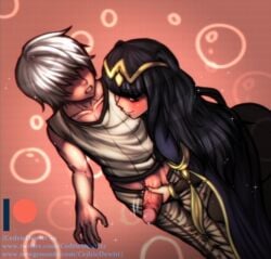 1boy 1girls assertive black_eyes black_hair black_nails blush bodystocking cedric_dewitt faceless_male female fire_emblem fire_emblem_awakening handjob heart light-skinned_female light-skinned_male light_skin long_hair male mostly_clothed motion_lines nail_polish nervous nintendo pants_down penis penis_out precum robin_(fire_emblem) robin_(fire_emblem)_(male) tharja_(fire_emblem) white_hair