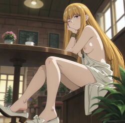 ai_generated blonde_hair breasts_exposed cafe dress elf elf_female feet petite_female pink_nipples serie_(sousou_no_frieren) sitting_down small_breasts sousou_no_frieren