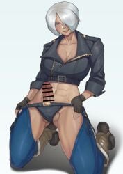 abs absurdres angel_(kof) backless_pants bar_censor blue_eyes blush boots bra breasts censored chaps cleavage cowboy_boots crop_top cropped_jacket erection female fingerless_gloves futa_without_pussy futanari gloves hair_over_one_eye highres jacket large_breasts large_penis large_testicles leather leather_jacket looking_at_viewer midriff muscular muscular_female navel open_mouth panties pants penis short_hair snk solo strapless strapless_bra testicles the_king_of_fighters the_king_of_fighters_xiv toned toned_female underwear watamelonw white_hair