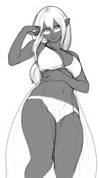 breasts closed_mouth dark-skinned_female dark_elf dark_skin elf female female_only glasses hardstonesmcflintcock highres large_breasts looking_at_viewer monochrome nightgown pointy_ears see-through smile solo