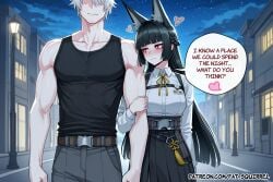 1boy ai_assisted ai_generated animal_ear_fluff animal_ears arm_hug beard_stubble belt black_hair black_pantyhose black_skirt black_tank_top blunt_bangs bright_pupils couple embarrassed english_text faceless_male fatest_squirrel half_up_braid high-waist_skirt hoshimi_miyabi long_hair long_skirt looking_to_the_side mature_female medium_breasts muscular_male pleated_skirt red_eyes sidelocks standing tassel upper_body wavy_mouth white_collared_shirt white_hair white_pupils wise_(zenless_zone_zero) zenless_zone_zero