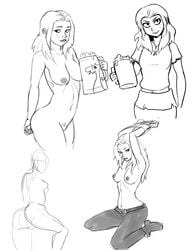 1girls 2018 alcohol bare_midriff breasts buckteeth casual disenchantment female female_focus footwear freckles hair_down human legs luci_(disenchantment) medium_breasts messy_hair midriff monochrome navel nude princess_tiabeanie sagging_breasts sketch tankard topless white_background