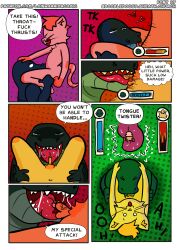 absurd_res anthro attack battle bodily_fluids comic crocodile crocodilian dialogue drooling duo felid feline fight gameplay_mechanics genitals gui health_bar hi_res licking loin_warrior long_tongue male male/male mammal masturbation open_mouth oral oral_masturbation oral_penetration penetration penis popsicle_(loin_warrior) reptile saliva scalie sex sitting_on_shoulders small_penis speech_bubble thought_bubble tongue tongue_out tonguejob