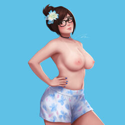 areola areolae big_breasts blue_background blue_nails blush breasts brown_eyes brown_hair casual casual_nudity choker cute female female_only flower_in_hair glasses hand_on_hip highres jewelry looking_at_viewer mei_(overwatch) nail_polish overwatch paid_reward patreon_reward shorts simple_background solo standing tanline tied_hair topless umitaro