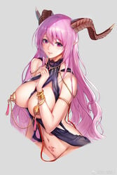 armlet babydoll bangs bare_shoulders blush bottomless breastless_clothes breasts closed_mouth demon_girl demon_horns eyebrows_visible_through_hair female groin horns large_breasts linked_pasties lips mole mole_under_eye navel pasties pink_eyes pink_hair pubic_tattoo purple_eyes shiny shiny_hair sitting smile solo stomach succubus succubus_tattoo tattoo tsuki_no_i-min underwear underwear_only upper_body