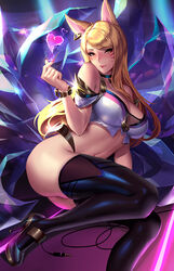 ahri alternate_costume big_breasts blonde_hair breasts cianyo cleavage female female_only k/da_ahri k/da_series large_breasts league_of_legends lipstick looking_at_viewer solo thighhighs