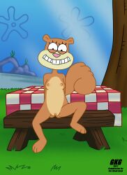 2021 anthro bench breasts eastern_grey_squirrel embarrassed female furniture furry genitals gkg grass grey_squirrel hi_res looking_at_viewer mammal nickelodeon nipples nude outside plant pussy rodent sandy_cheeks sciurid sitting smile solo spongebob_squarepants squirrel table tail tree tree_squirrel vulva