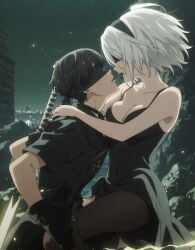 1boy 1girls ai_generated black_hair echoanomaly fully_clothed kissing nier nier:_automata romantic white_hair yorha_2b yorha_4s