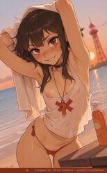 ai ai_assisted ai_generated armpits arms_up ass_visible_through_thighs beach bebora bikini bikini_bottom_only black_choker blurry_background blush breasts brown_hair cameltoe choker collar covered_nipples cowboy_shot cute female grin kono_subarashii_sekai_ni_shukufuku_wo! looking_at_viewer megumin nipple_slip nipples outdoors patreon patreon_exclusive patreon_reward pussy red_bikini red_eyes see_through sexy short_hair_with_long_locks side-tie_bikini_bottom sidelocks small_breasts smile solo sunset swimsuit tank_top towel water wet white_tank_top
