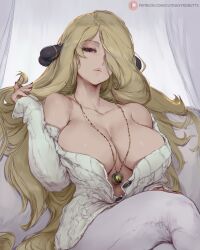 bare_shoulders blonde_hair breasts brown_eyes cleavage collarbone crossed_legs cutesexyrobutts cynthia_(pokemon) energy_(pokemon_tcg) female hair_ornament hair_over_one_eye hair_spread_out hand_in_own_hair highres holding holding_own_hair indoors jewelry large_breasts long_hair looking_at_viewer necklace parted_lips patreon_logo patreon_username pokemon pokemon_bw pokemon_tcg ribbed_sweater sitting solo sweater twirling_hair very_long_hair watermark web_address