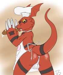 apron ass baker balls big_butt bread clothing costume digimon food guilmon hat hi_res male_only scalie theoryofstrings yaoi