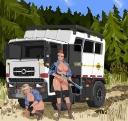 2girls armband big_breasts big_thighs bikini blonde_hair blue_background blue_eyes blue_jacket boots breasts brown_bikini clothing curvy forest green_background gun hair_bun headband holding_object holding_weapon hunter hunting jacket kneeguards kneeling lava_(artist) light-skinned_female light_skin long_hair looking_to_the_side orange_hair original_character partially_clothed red_lips shotgun shotgun_shell shotgun_shells simple_background sky standing tanned tanned_female thighs tied_hair tight_clothes tight_clothing tight_fit unzipped_jacket van vehicle victoria_(lava) voluptuous weapon white_headband wilderness