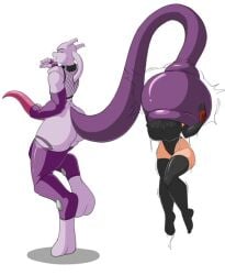 bandana brown_hair dripping elbow_gloves female female_prey futanari gloves huge_breasts imminent_vore may_(pokemon) mewtwo spazman suction tagme tail_vore thighhighs unwilling_prey vore
