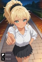 1futa 1girl :t above_view ai_generated autumn_leaves big_breasts black_skirt blonde_hair blush breasts cleavage cock collarbone collared_shirt colored dark_skin dick erection foreshortening from_above from_front front_view futa_only futanari futanari/female futanarization gals_can't_be_kind_to_otaku!? green_eyes gyaru hair_ornament hair_scrunchie hand_on_own_hip high-angle_view ijichi_kotoko kogal large_breasts leaf light_skin light_skinned_futanari long_hair long_sleeves looking_at_viewer medium_breasts miniskirt nickythecreator night night_sky otaku_ni_yasashii_gal_toka,_kyonyuu_no_osananajimi_toka. otaku_ni_yasashii_gal_wa_inai!? outdoors penis pleated_skirt pointing pointing_at_viewer ponytail pout school_uniform scrunchie sexy sexy_body sexy_pose shirt skirt sky solo standing testicles tits tree uncensored veiny_penis white_shirt