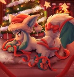 anus blue_eyes blue_nose blush butt canid canine christmas christmas_clothing christmas_headwear christmas_tree claws clothing crossed_legs eeveelution female feral fireplace generation_4_pokemon genitals glaceon hat headgear headwear hi_res holidays humanoid_genitalia humanoid_genitalia_on_feral inside joeumbre mammal nintendo object_in_mouth pawpads plant pokemon pokemon_(species) ribbons santa_hat side_view solo tree vulva
