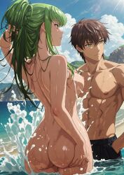1boy 1girls ai_generated ass_view beach big_butt c.c. code_geass echoanomaly green_eyes green_hair kururugi_suzaku looking_away sea standing suzaku_kururugi water yellow_eyes
